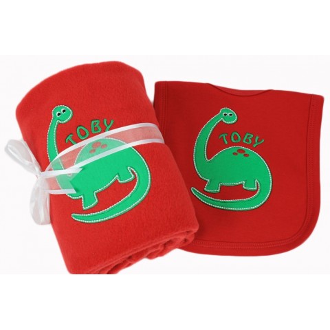 Personalised Dinosaur Baby Bib Blanket Gift Set